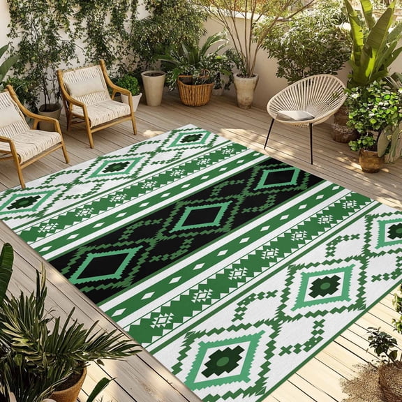 Green Black Southwest Outdoor Rug for Patio/Deck/Porch, Non-Slip Large Area Rug 6 x 9 Ft, Farmhouse Aztec Boho Ethnic Art Indoor Outdoor Rugs Washable Area Rugs, Reversible Camping Rug Carpet Runner