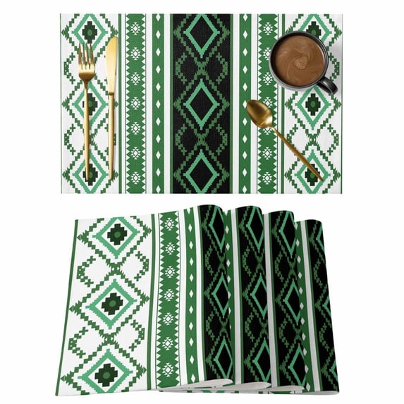 Green Black Southwest Placemats Set of 8 Farmhouse Aztec Boho Ethnic Art Place Mats Indoor Wipeable Table Mats Washable Cloth Dining Table Placemats for Kitchen Holiday Party Home Decor 13x19 Inch