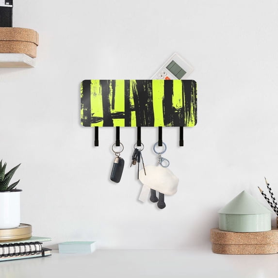 Green Black Stripe Key Holder for Wall Mail Holder Organizer with 5 Key Hooks Wall Mount Key Rack with Shelf