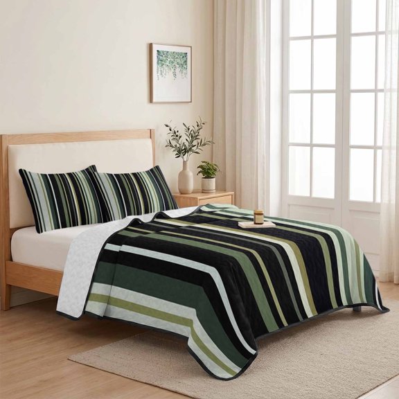 Green Black Stripe Pattern 3 Pieces Quilt Set,1 Quilt with 2 Shams,Line Texture Bedspread Soft Lightweight Bedding Coverlet Comforter Set for All Season 68"x98"
