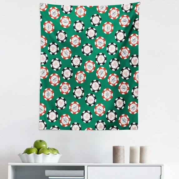 Green Black Tapestry, Poker Chips Pirates Money Diagonal Bones Skull Risk Art, Fabric Wall Hanging Decor for Bedroom Living Room Dorm, 5 Sizes, Jade Green Red, by Ambesonne