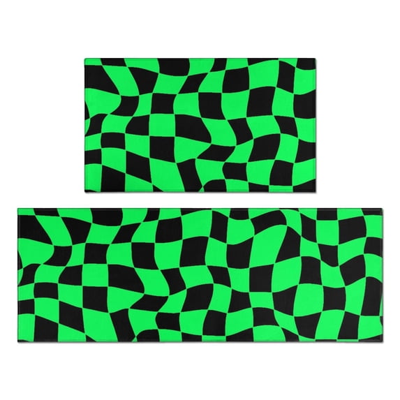 Green and Black Wavy Checkered Pattern Anti Fatigue Kitchen Rugs Set Of 2, Non Slip Washable Decorative Floor Mats for Kitchen Sink Laundry, 17"x30" and 17"x47"