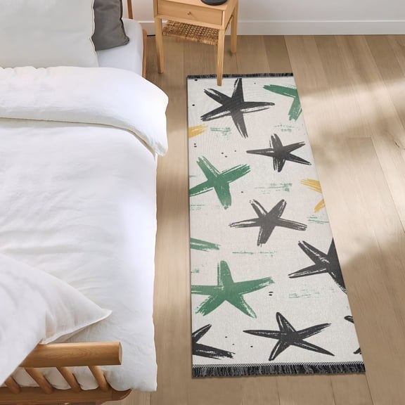Green Black Yellow Hand Painted Stars Bedside Runner Rug 2'x 6' Non Slip Carpet Floor Mat Area Rug
