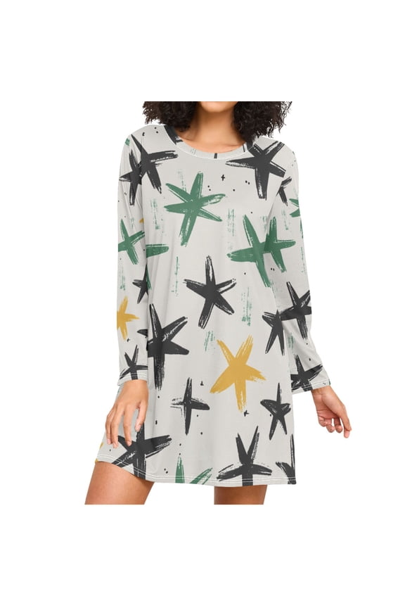 Green Black Yellow Hand Painted Stars Women's Long Sleeves Nightgowns Sleepwear Soft Pajama A-line Sleep Dress M
