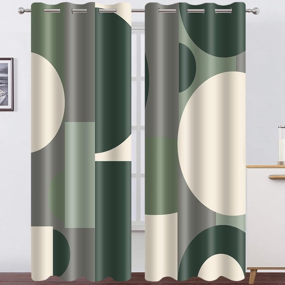 Green Blackout Curtains, Boho Abstract Modern Geometry Circles Contemporary Style Sage Green Retro Grommets Curtain Drapes 26"W x 45"L (Pack of 2)