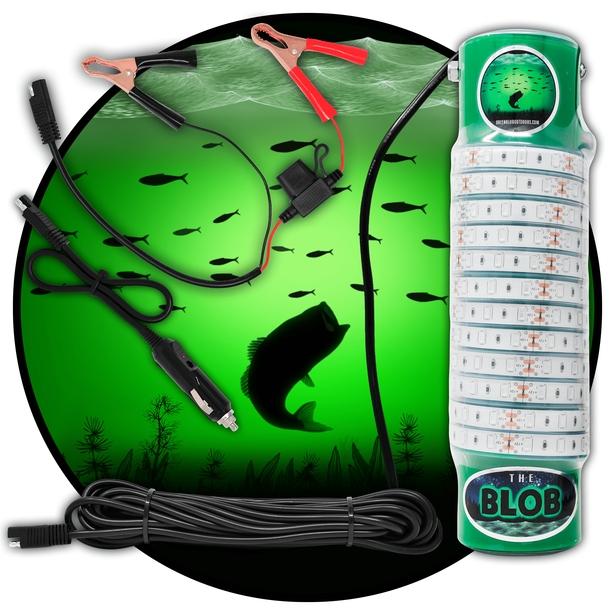 Green Blob Outdoors Underwater Fishing Light 7500 Lumen for Boats includes  Alligator Clips & Cigarette Lighter w/ 30ft Cord