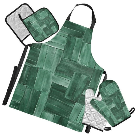 Green Block Graffiti Oven Mitts and Pot Holders with Chef Apron Set 5 Pcs Kitchen Cooking Set