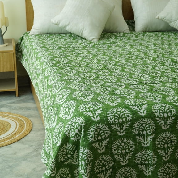 OzarkTextile Bohemian Handcrafted Textile Green Twin Size 60x90 Cotton Quilt, Full/Queen - Breathable