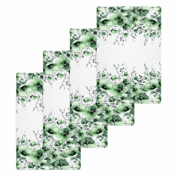 Green Blooms Floral Kitchen Dish Towels for Drying Dishes Set of 4, Farmhouse Spring Flowers Botanical Waffle Weave Microfiber Hand Tea Bathroom Towels Quick Dry & Absorbent Towel 15.7x23.6