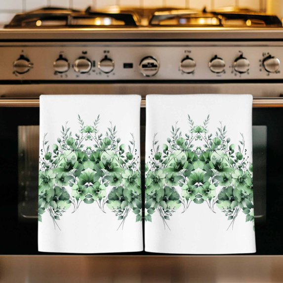 Green Blooms Floral Kitchen Towels Set of 3, Farmhouse Spring Flowers Botanical Absorbent Dish Towels for Kitchen, Microfiber Hand Towel, Quick Drying Tea Towel for Cleaning Decorative Dishcloths