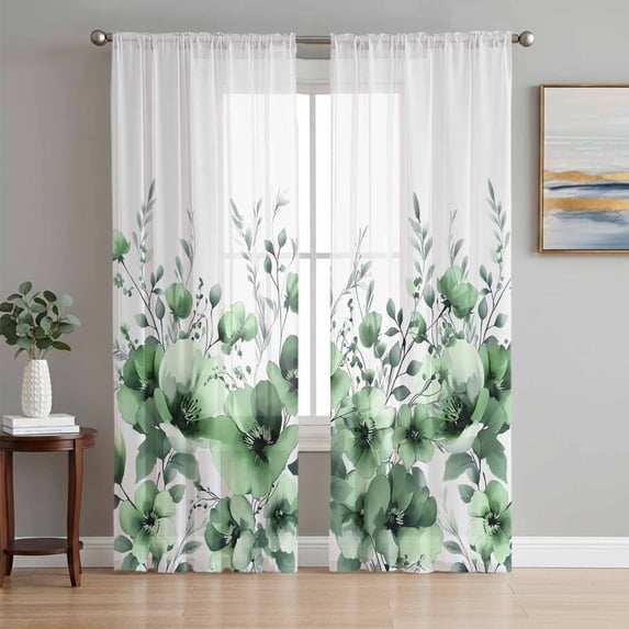 Green Blooms Floral Sheer Curtains 108 Inch Length 2 Panels Set Window Treatments, Farmhouse Spring Flowers Botanical Rod Pocket Semi Curtains for Living Room/Bedroom/Kitchen Décor, 104"W x 108"L