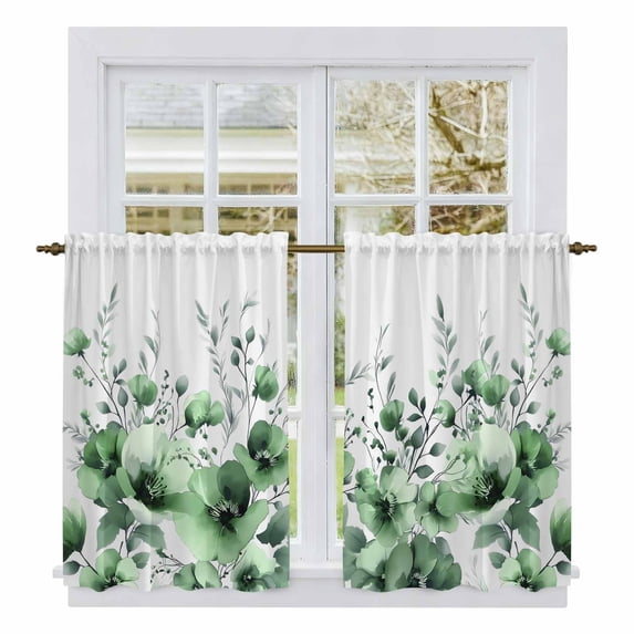 Green Blooms Floral Tier Curtains 54 Inch Length, Farmhouse Spring Flowers Botanical Cafe Short Curtains for Bathroom Over Sink, Small Kitchen Curtain Light Filtering Drapes 2 Panels 27.5"Wx54"L