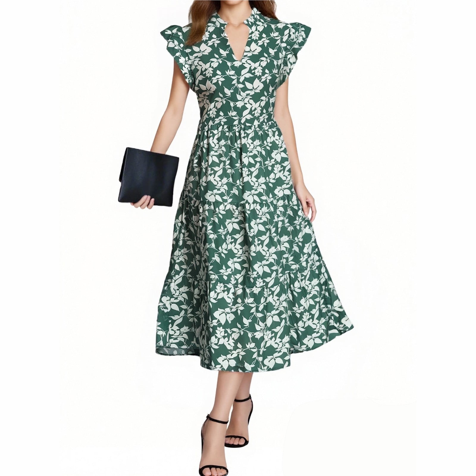 Green Blouses For Women Dressy Casual, Floral Wedding Guest Dresses V Neck  Pleated Flutter Sleeve Flowy Maxi Dress Babydoll Womens Casual Dresses Black  Formal Dresses Outfits (L, Pink) ZMTing - Walmart.com