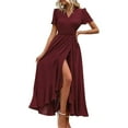 thumbnail image 1 of Green Blouses For Women Dressy Casual, Polka Dot Easter Dress Wrap Waist V Neck Side Slit Casual A Line Short Sleeve Flowy Maxi Wedding Guest Dresses Spaghetti Dress Casual (M, Wine) ZMTing, 1 of 4