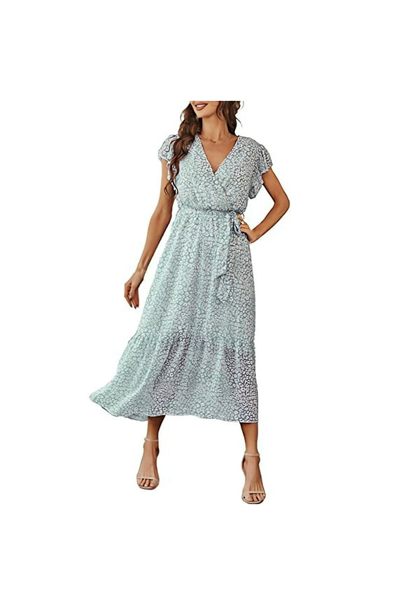 Green Blouses For Women Dressy Casual, Wedding Guest Easter Dresses Smocked V Neck Short Sleeve Floral A Line Long Womens Dress Shoes Black Strapless Maxi Dresses Work Denim (M, Green) ZMTing