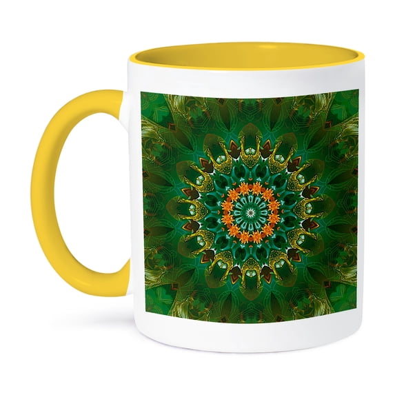 3dRose, Green Blowout Two Circle Mandala, 15oz Two-Tone Yellow Mug