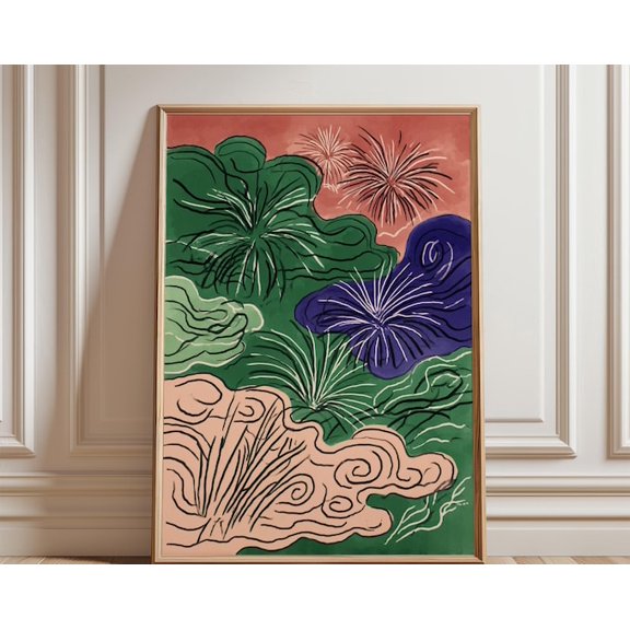Green Blue Abstract Cloud Japanese Style Landscape Modern Asian Wall Art, Unframed Paper Poster 24x36in