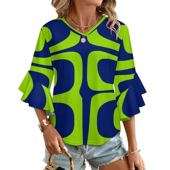 Green Blue Abstract Geometric Shapes Women's V-Neck Blouse With 3/4 Ruffled Bell Sleeves Casual Top Ladies Blouses