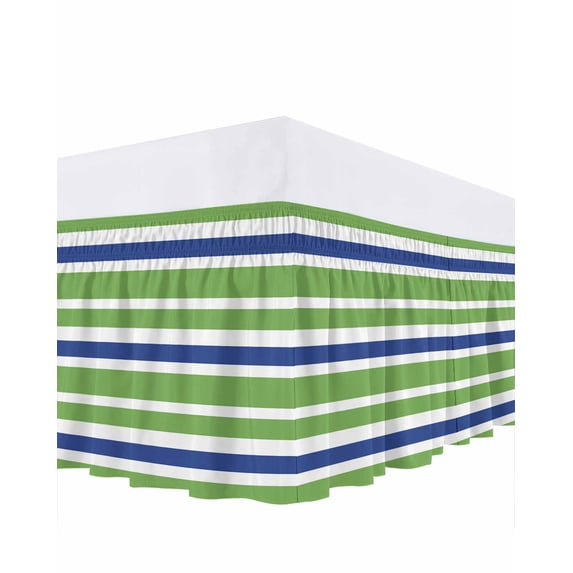 Green Blue Bed Skirt King Size 18 Inch Drop, White Stripe Wrap Around Dust Ruffle Bedskirts, Wrinkle & Fade Resistant Easy Fit Bedskirt with Adjustable Elastic