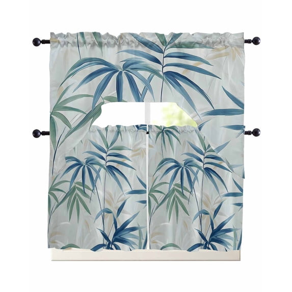 Green Blue Botanical Kitchen Curtains Sets 24 Inch Length with Valance, Summer Leaf Watercolor Swag Valances and Tiers Curtain Set Drapes Swag Curtains for Living Room, Bathroom, Bedroom, Cafe
