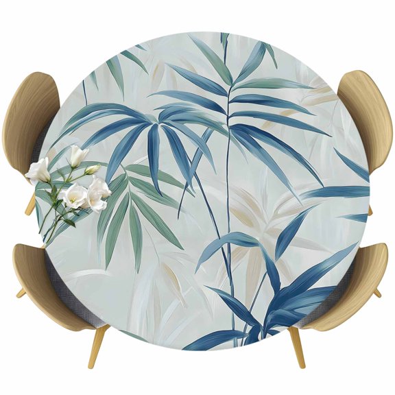 Green Blue Botanical Round Tablecloth 36-44 Inch Round Fitted Table Cloth with Elastic Edge, Summer Leaf Watercolor Waterproof Table Cover Protector for Outdoor Picnic Party Dining