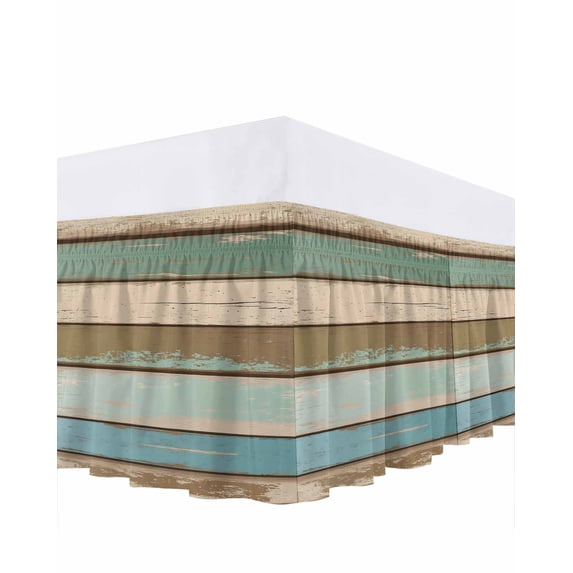 Green Blue Brown Farmhouse Bed Skirt King Size, Vintage Wood Wrap Around Bed Skirting with Adjustable Elastic Strap, Dust Ruffled Pleated Bedskirts 18 Inch Drop for Bedroom King Beds