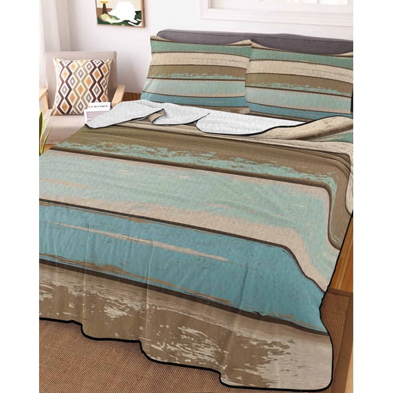 Green Blue Brown Farmhouse Full Size Down Alternative Comforter, Lightweight Comforter Quilt Bedding Set with Pillow Shams Vintage Wood All Seasons Bed Comforter Duvet Insert 78"x90"