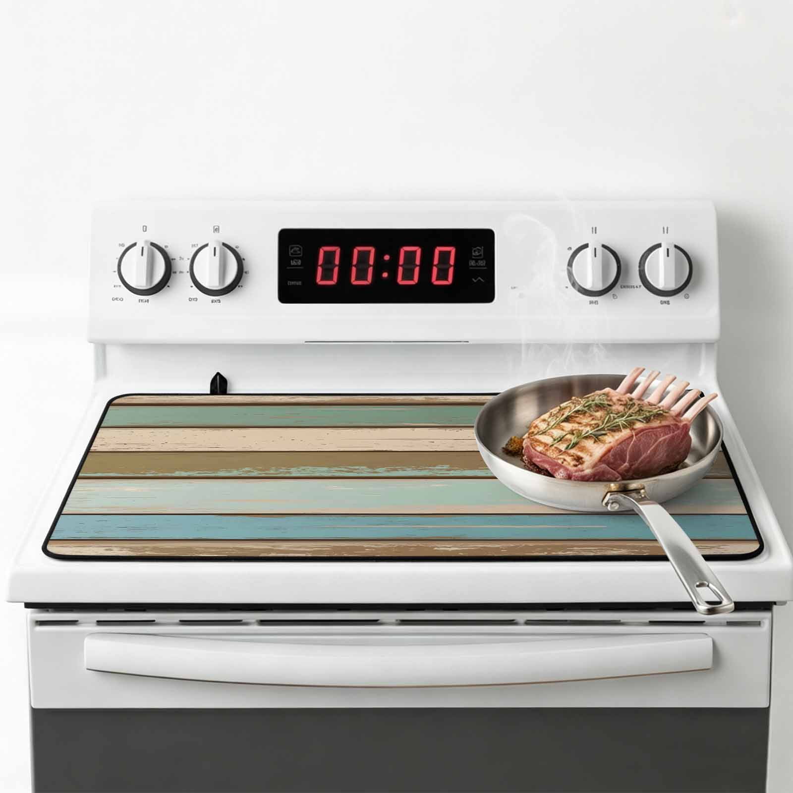 Green Blue Brown Farmhouse Stove Top Cover for Electric Stove, Heat-proof & Non Slip Glass Top Stove Cover Protector, Vintage Wood Kitchen Flat Cooktop Rubber Mat 24x21 Inches
