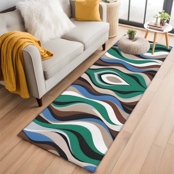 Green Blue Brown Moire 2'x6' Runner Rugs for Hallway Kitchen Bedside Non Slip Washable, Modern Abstract Art Entryway Rug Runners with Rubber Backing, Long Carpet Runner for Laundry Room