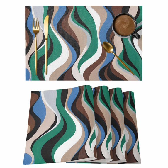 Green Blue Brown Moire Placemats Set of 6, Modern Abstract Art Placemats for Dining Table, Place Mats for Kitchen Tabletop, Waterproof Wipeable Dining Table Mats Set