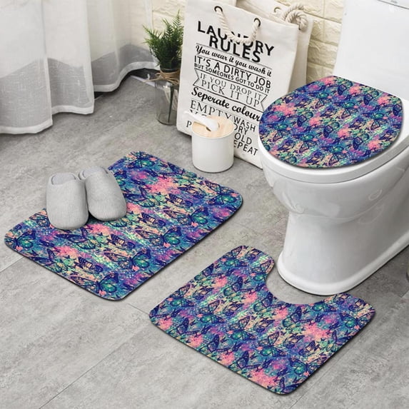 Green Blue Butterfly Pink Purple Pattern Bathroom Rugs Sets 3 Piece,Toilet Cover Set,Absorbent Non Slip Bathroom Mats Sets with U-Shaped Contour Rug Toilet Rug Set