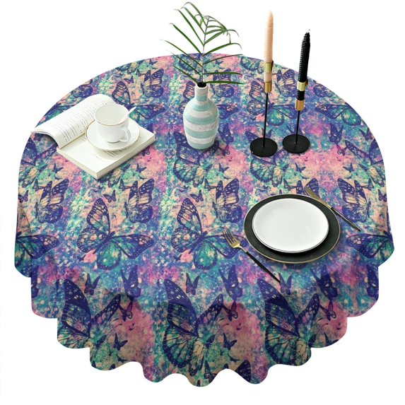 Green Blue Butterfly Pink Purple Pattern Round Tablecloth 60"x60",Wrinkle Wipeable Table Cloth for Kitchen Dining Room Picnic Patio Party