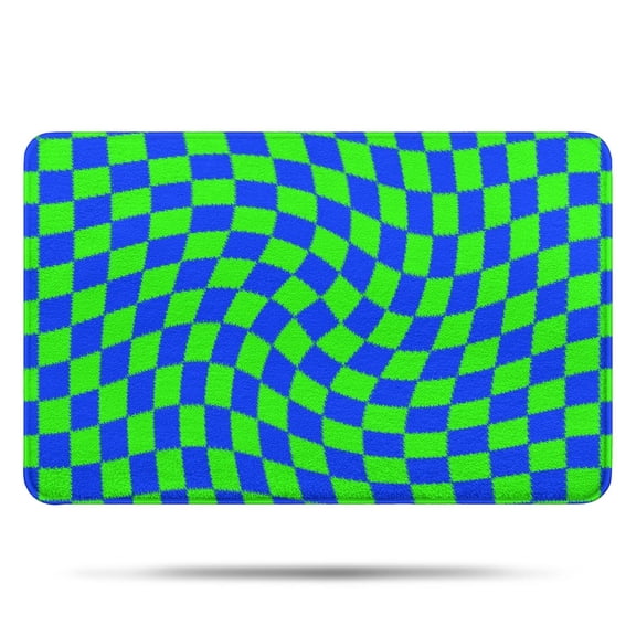 Green Blue Checkerboard Pattern Non-Slip Microfiber Bathroom Rug, Rubber Backing Soft Mat for Floor, Tub & Shower, 17"x27"