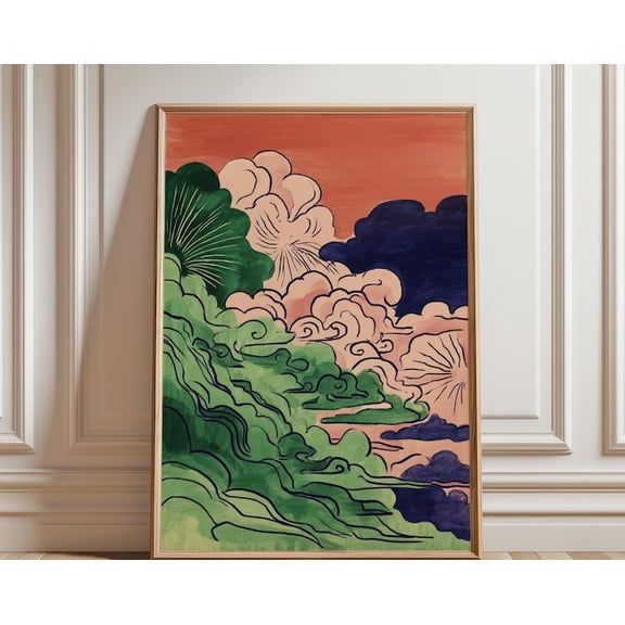 Green Blue Cloud Landscape Japanese Style Abstract Nature Wall Art, Unframed Paper Poster 24x36in