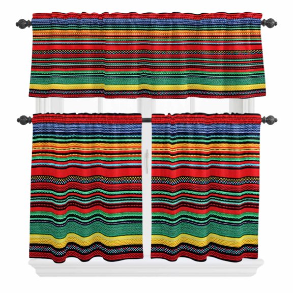 Green Blue Curtain Valances Set White Stripe Kitchen Curtains 36 inch Length Rod Pocket Valance and Tiers 3 Piece Set Small Bedroom Bathroom Laundry Decor