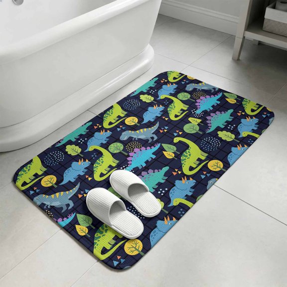 Green Blue Dinosaur Bathroom Rugs Non Slip Washable Bath Mat Absorbent Front Door Mat Graffiti Trees Animals Modern Art Indoor Doormat for Kitchen Entryway Shower Decor Accessories 15.7"x23.6"