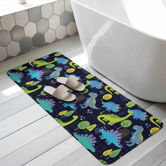 Green Blue Dinosaur Bathroom Runner Rugs Non Slip Washable Absorbent Narrow Long Bath Mat Graffiti Trees Animals Modern Art Runner Rugs for Kitchen Hallway Bedroom Laundry Study Room 19.7"x63"