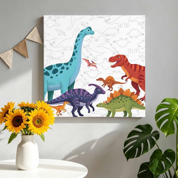 Green Blue Dinosaur Canvas Wall Art, Sketching Edges Dinosaur Cartoon Animal Framed Canvas Wall Decor Picture Print Artwork Decorations for Living Room Office Ready to Hang 8" x 8"