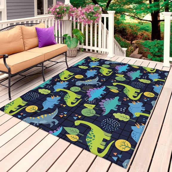 Green Blue Dinosaur Outdoor Rug 6x9 Ft, Non Slip Washable Area Rug, Graffiti Trees Animals Modern Art Patio Rugs Carpet Runner, Large Floor Mat for Indoor/Outdoor Deck Porch Camping