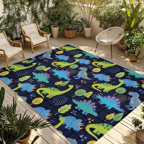 Green Blue Dinosaur Outdoor Rug for Patio/Deck/Porch, Non-Slip Large Area Rug 3 x 5 Ft, Graffiti Trees Animals Modern Art Indoor Outdoor Rugs Washable Area Rugs, Reversible Camping Rug Carpet Runner