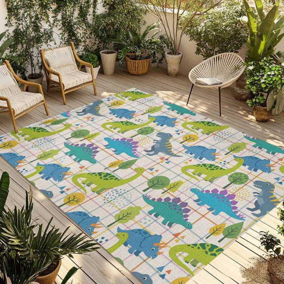 Green Blue Dinosaur Outdoor Rug for Patio/Deck/Porch, Non-Slip Large Area Rug 6 x 9 Ft, Striped Trees Animals Modern Art Indoor Outdoor Rugs Washable Area Rugs, Reversible Camping Rug Carpet Runner