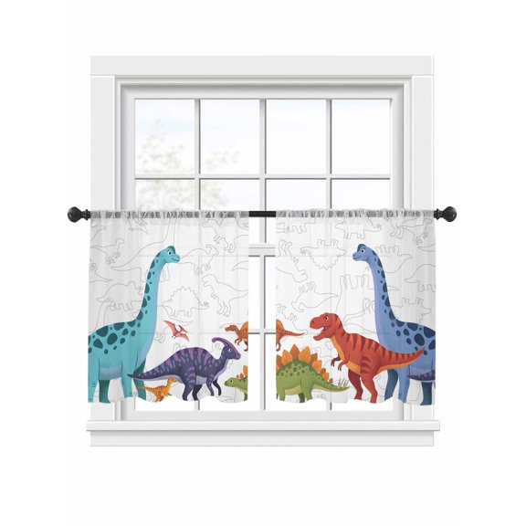 Green Blue Dinosaur Sheer Curtains 2 Panels Set Sketching Edges Dinosaur Cartoon Animal Sheer Window Curtains Light Filtering Rod Pocket Voile Drapes for Bedroom Living Room 52"x45"