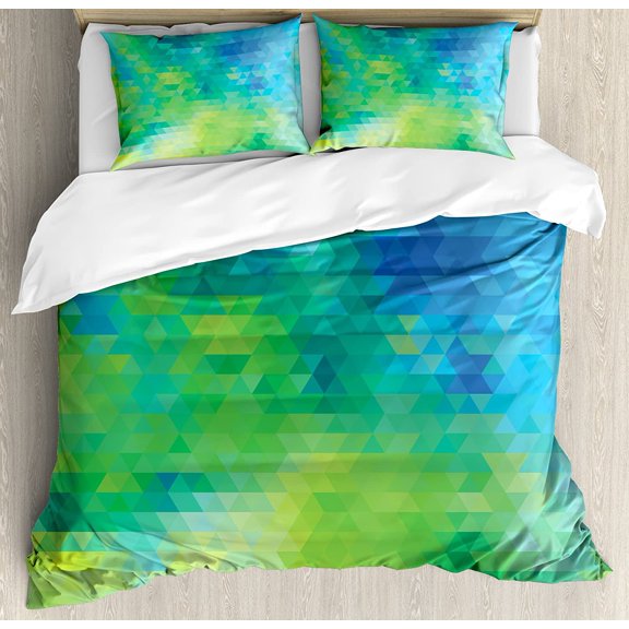 Green and Blue Duvet Cover Set, Geometric Abstract Pattern with Triangles Ombre Inspired, Decorative 3 Piece Bedding Set with 2 Pillow Shams, King Size, Lime Green Turquoise