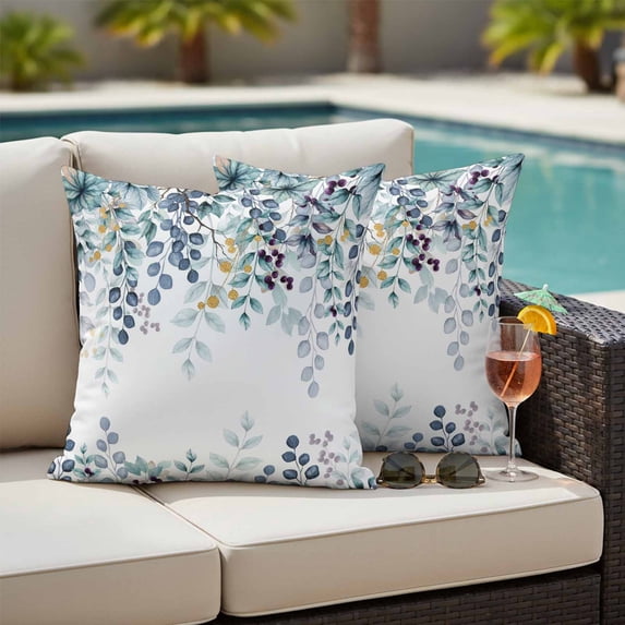 Green Blue Eucalyptus Leaves Outdoor Pillow Covers 16x16 Inch Throw Pillow Covers Set of 2 Waterproof Decorative Pillow Cases Summer Botanical Weeping Cushion Covers for Patio Furniture Garden Couch