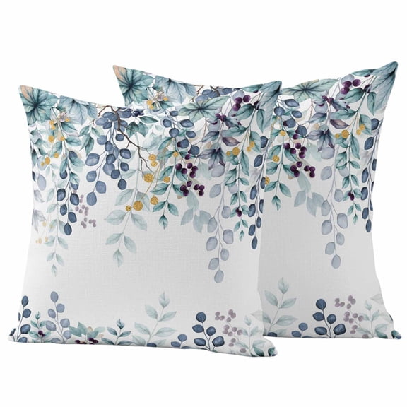 Green Blue Eucalyptus Leaves Outdoor Waterproof Pillow Covers, Summer Botanical Weeping Decorative Square Throw Pillowcase Sofa Cushion Sham for Patio/Couch/Chair, 26"x26" 2 Pack