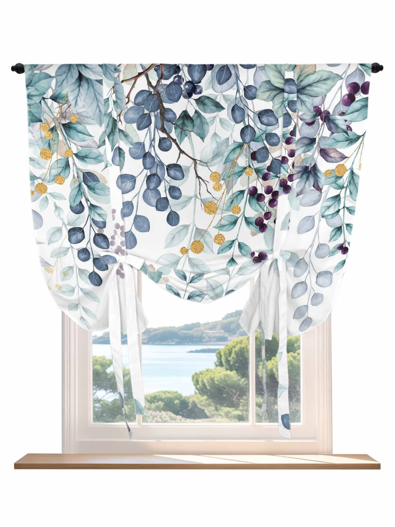 Green Blue Eucalyptus Leaves Tie Up Curtains for Windows 63 Inch Length ...
