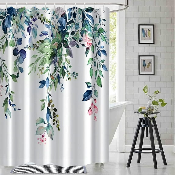 Green and Blue Eucalyptus Shower Curtain, Watercolor Spring Plant Leaves with Floral Shower Curtain Waterproof Fabric Shower Curtain Set with Hooks, 72x72 Inch