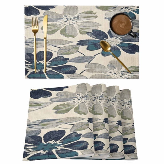 Green Blue Floral Placemats Set of 6, Spring Vintage Beige Flower Botanical Blossom Non-Slip Place Mats Washable Table Mats for Kitchen Dining Table Decorations Indoor/Outdoor