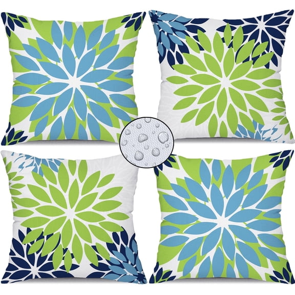 Green Blue Flower Pillow Covers 18x18 Inch Set of 4 White Blue Colored Throw Pillows Outdoor Waterproof Decor for Living Room Sofa Patio Funiture Garden Floral Linen Cushion Case 008B