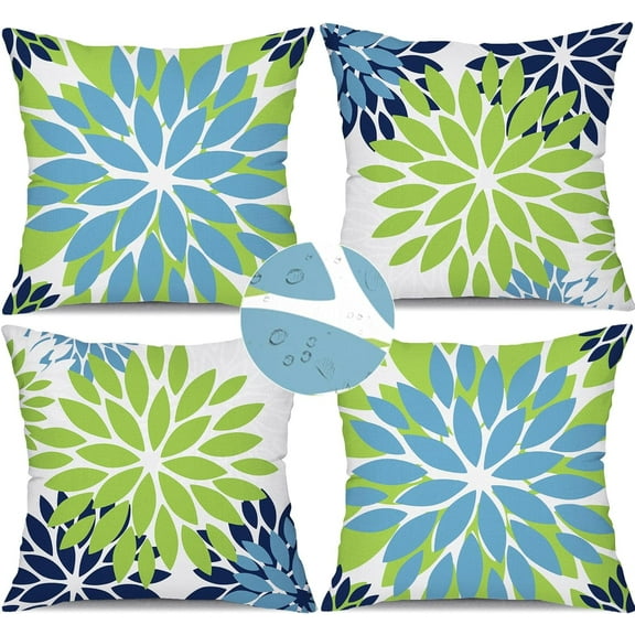 Green Blue Flower Pillow Covers 18x18 Inch Set of 4 White Blue Colored Throw Pillows Outdoor Waterproof Decor for Living Room Sofa Patio Funiture Garden Floral Linen Cushion Case 008B